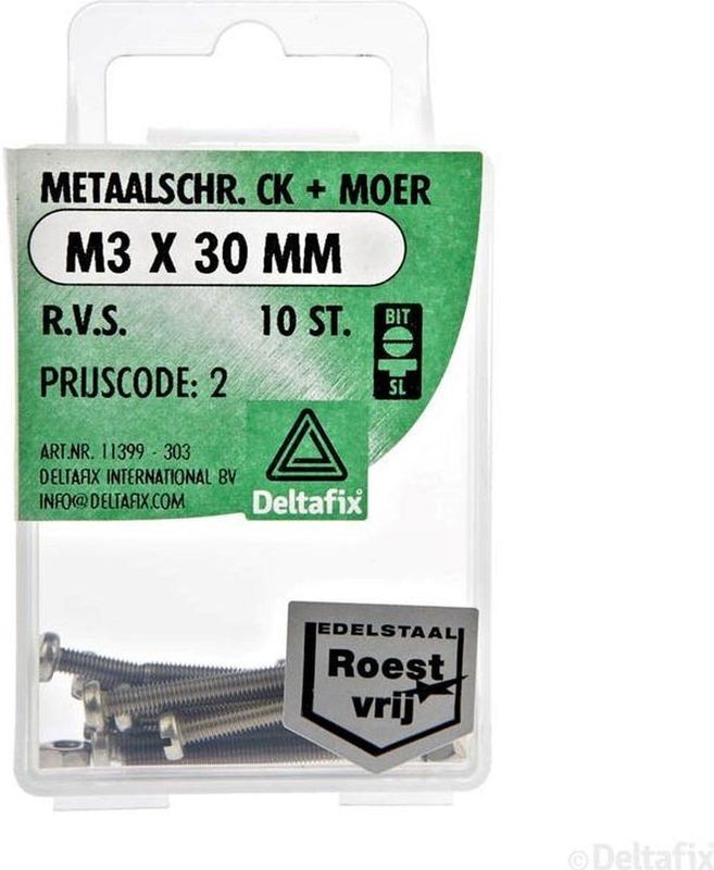Deltafix. Metaalschr. Cilinder-gleuf-kop.+ Moer M3 x 30 mm R.V.S., 10 Stuks bouten met moeren.