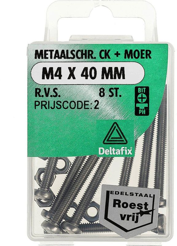 Deltafix. Bouten met moeren. Metaal schroef met moer. M4 40 MM  R.V.S. 8 Stuks.