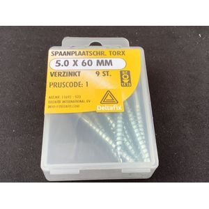 Hout schroef. 5.0 x 60 MM. lang. Verzinkt. platkop torx. 9 Stuks spaanplaat schroeven. Deltafix.