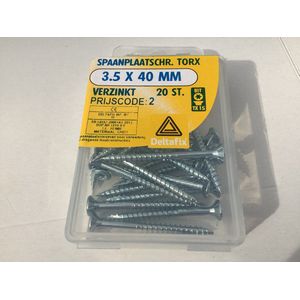 HOUTSCHROEF 3.5 x 40 mm lang. Verzinkt. Platkop torx. 20 stuks spaanplaat schroeven. DeltafiX.