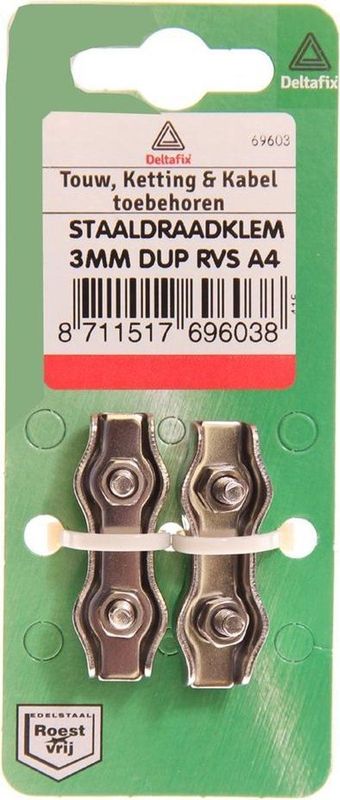 Deltafix - Staaldr.klem - 2mm Dup RVS - 2 Stuks