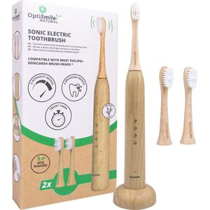 Elektrische tandenborstel van bamboe, sonische tandenborstel van bamboe, oplaadbaar, elektrische tandenborstel met 5 mod en 2 koppen van milieuvriendelijk bamboe Optismile®