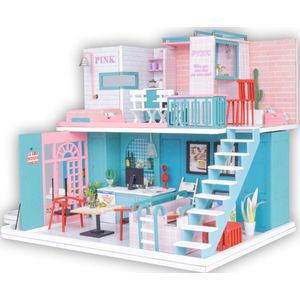 Crafts&Co Miniatuur Bouwpakket Volwassenen - Knutselen Meisjes - Houten Poppenhuis - DIY - Pink Retro Café