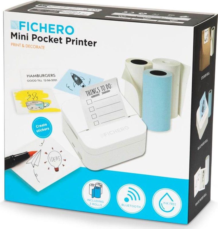 Mini Pocket Printer voor mobiel | Zonder Inkt | Draadloos Bluetooth | Inclusief 3 printrollen