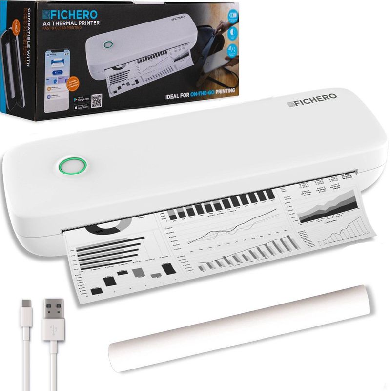 Fichero Pocket Printer A4 - Mini Printer voor Mobiel - Bluetooth Printer - Thermische Printer - Wit