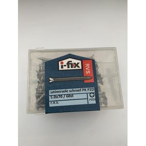 Houtschroef. 5.0 x 70mm. lang. Platkop-Torx-T-30. RVS-A2. 60 stuks Spaanplaatschroef. Ifix.