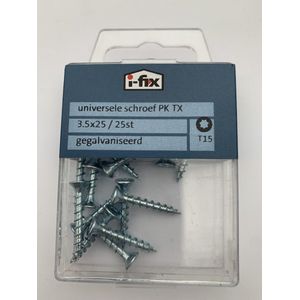 Houtschroef. 3.5x25mm. lang. Platkop-Torx-T-10. Verzinkt. 25 stuks Spaanplaatschroeven. Ifix.