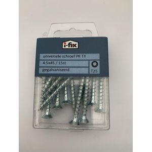 Houtschroef. 4.5 x 45mm. lang. Platkop. Kruiskop-Torx-T20. Verzinkt. 15 stuks Spaanplaatschroef. Ifix.