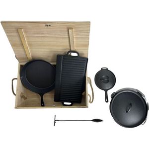 Landmann Dutch oven Set Gietijzer 6-delig - Gietijzeren braadpan - Gietijzeren koekenpan - Gietijzeren pan - Gietijzeren pan bbq - Braadpan gietijzer