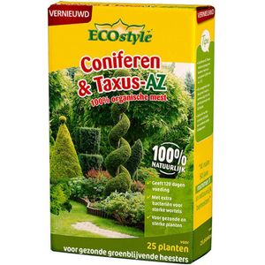 ECOstyle Coniferen & Taxus-AZ Organische Tuinmest - Sterke & Diepgroene Coniferen - 120 dagen Voeding - Gezonde & Groenblijvende Heesters - voor 25 Planten - 800 GR