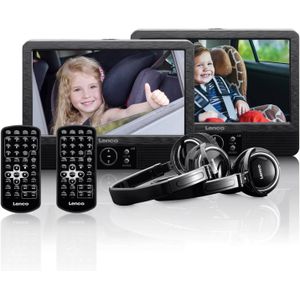Lenco DVP-939 2 x 9 inch dvd-speler met scherm, 2x hoofdtelefoon, USB, SD/MMC, 2x afstandsbediening, 2x hoofdsteunbevestiging, 2x netadapter, zwart