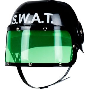 Boland - Kinderhelm Police, vizierhelm politieagent, kinriem, groen vizier, opklapbaar, kostuum, carnaval, themafeest, zwart