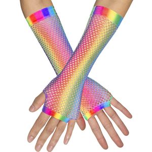 Kostuumaccessoires - Vingerloze Nethandschoenen - Regenboog - Elastisch