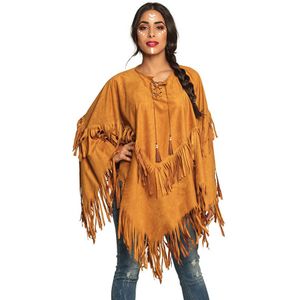 Boland - 44095 - Indiaanse Poncho - Bruin - Lederlook met Franjes en Parels