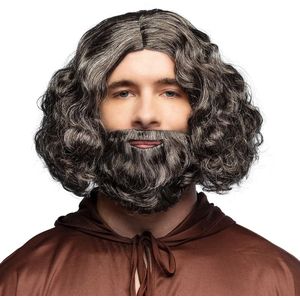 Verkleedpruik met baard heren - grijs/zwart - Middeleeuwen/Monnik - Carnaval - half lang haar
