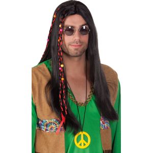 Verkleedpruik Dude voor heren - zwart - Hippie/Sixties - Carnaval -  lang haar met kraaltjes