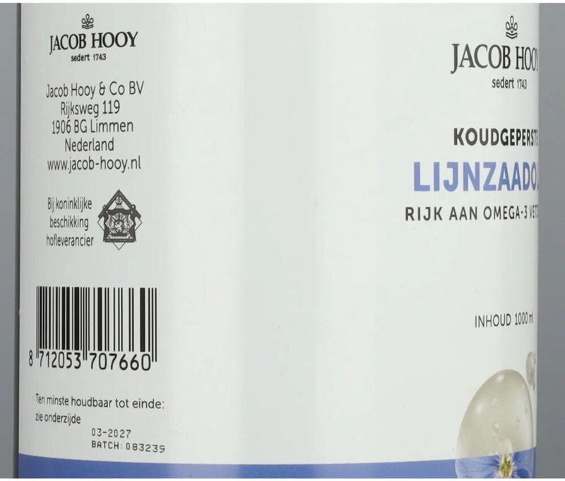 Jacob Hooy Lijnzaad olie inwendig koudgeperst 1 liter