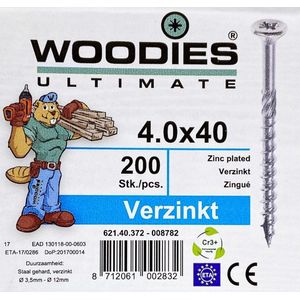 Woodies ultimate spaanplaatschroef 4x40mm - platkop - verzinkt - deeldraad - PZD 2 - 62140372 (Per 200 stuks)