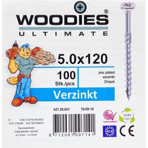 Woodies schroeven 5.0x120 verzinkt PZD 2 deeldraad 100 stuks