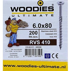 Woodies schroeven 6.0x80 RVS 410 T-30 deeldraad 200 stuks