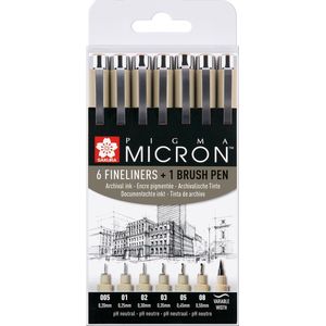 Sakura Pigma Micron fineliners set - 6 fineliners + 1 Pigma penseel
