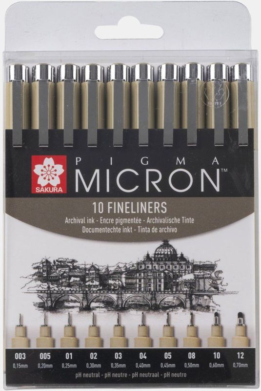 Talens Fineliner Sakura Pigma Micron Set Schwarz, 10 Fineliner, (10-tlg), Archivalische Tinte