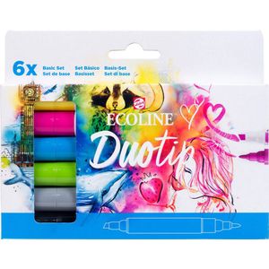 Ecoline Duotip Marker Set van 6 - Basiskleuren | Dubbele Viltstiften met Aquarelverf voor Bullet Journal, Handlettering, Kleurboeken & Tekenen