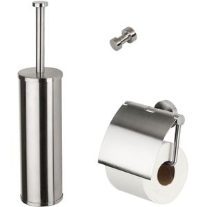 Geesa Nemox Toiletaccessoireset - Toiletborstel met houder - Toiletrolhouder met klep - Handdoekhaak - RVS geborsteld 91650005115