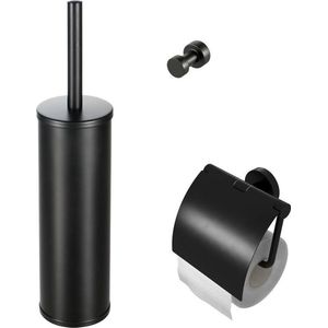Geesa Nemox 4-delige badkamerset van roestvrij staal met toiletpapierhouder, haken, wc-borstel en reserveborstelkop, zwart