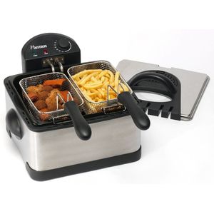 Bestron XL Frituurpan met 3 frituurmanden, incl. koude zone technologie & uitneembare oliecontainer, 4 liter, vaatwasmachinebestendig, 2000 W, roestvrij staal, kleur: zilver