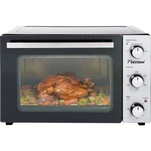 Bestron vrijstaande Mini Oven met 31L volume, Bakoven inlcusief Grillrooster, Draaispit, Bakschaal & Heteluchtfunctie, met 5 programma’s tot max. 230 °C, timer & indicatielampje, 1500 Watt, kleur: zilver / zwart