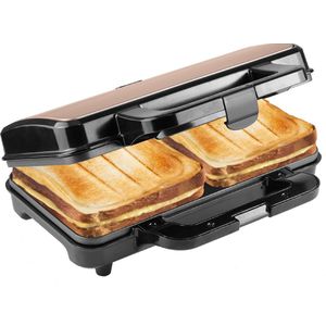Bestron XL sandwichmaker, sandwich broodrooster voor 2 sandwiches in schelpvorm, ideaal voor American Sandwich, incl. automatische temperatuurregeling & stand-by-indicator, kleur: zwart, koper