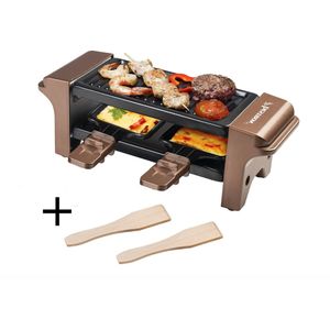 Bestron Raclette voor 1-2 personen, minitafelgrill met 2 pannetjes, 2 houten schrapers en 2 onderzetters, 350 W, koperkleurig
