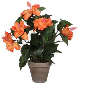 Mica Decorations - Hibiscus Kunstplant - Oranje - Kunststof - In Terracotta Pot