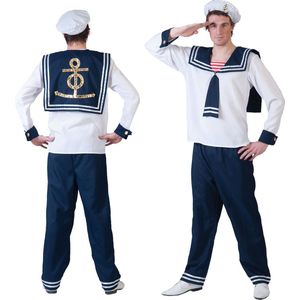 Funny Fashion - Kapitein & Matroos & Zeeman Kostuum - Scheepsmaatje Bontekoe Zeematroos - Man - Blauw, Wit / Beige - Maat 56-58 - Carnavalskleding - Verkleedkleding