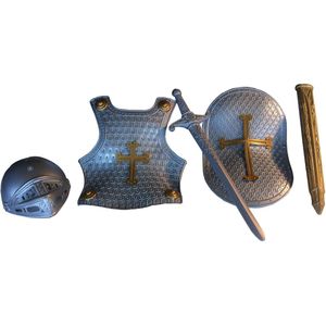 Accessoireset ridder 4-delig zilver (helm, borstschild, zwaard, schild)