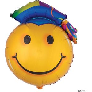 Smile Face Emoji Grad Cap Bright Graduation 35""x26"" Foil Balloon, Yellow Blue