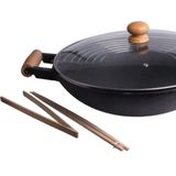 Cast Iron Wokpan set - 5-delig - gietijzer/hout - zwart - 47 x 39 cm