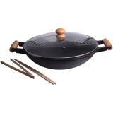 Cast Iron Wokpan set - 5-delig - gietijzer/hout - zwart - 47 x 39 cm