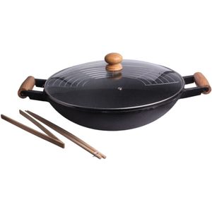 Cast Iron Wokpan set - 5-delig - gietijzer/hout - zwart - 47 x 39 cm