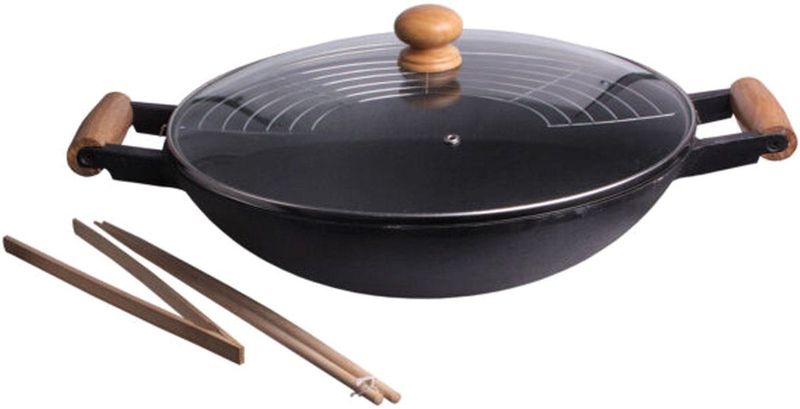 Cast Iron Wokpan set - 5-delig - gietijzer/hout - zwart - 47 x 39 cm