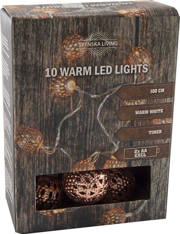 Lichtsnoer met 10 metalen balletjes koper op batterijen 100 cm - Kerstverlichting/sfeerverlichting