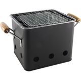 Mini Barbecue - Balkon - Terras - Tuin BBQ - Tafel Barbecue - 18x15.5x15.5cm - Staal - Zwart - Houten Handvatten