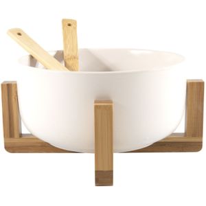 Saladebak. Porselein - Bamboe Houder en Bamboe Saladebestek - 4-delige slaset - 21cmØ & 10cm hoog - Slabak. Slabestek. Slakom. Saladeschaal - Serveerschaal