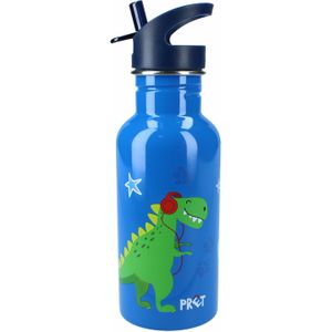 Pret Dino drinkfles/drinkbeker/bidon met drinktuitje - blauw - RVS - 500 ml - Schoolbekers