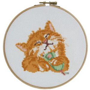 Pako Borduurpakket - voorbedrukt Aida - Poesje met muis - 289.011 - voorgesorteerd garen - 17 cm Rond - DIY kit