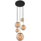 Bollique Hanglamp 5 lichts rond messing / amber glas Modern Steinhauer