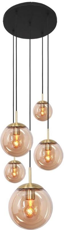 Bollique Hanglamp 5 lichts rond messing / amber glas Modern Steinhauer