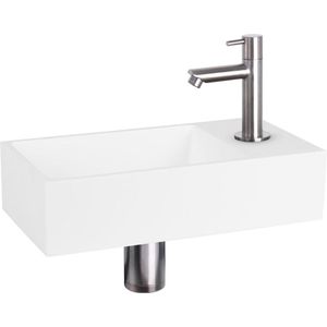 Differnz Solid Fonteinset - Wasbak Solid Surface - Wit - Rechte Kraan - Mat Chroom - Standaard Greep - 36 x 18.5 x 9 cm
