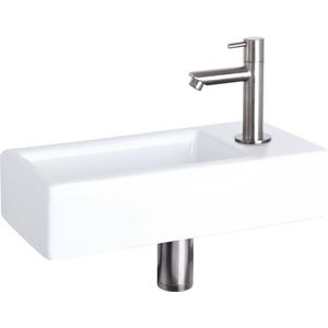 Differnz Hura fonteinset - 37.5x18.5x9cm - Rechthoek - 1 kraangat - Chromen mat rechte kraan - Keramiek Wit 38.004.96